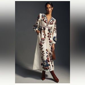 Farm Rio for Anthropologie Maxi Dress Floral Print Cream Multicolor S/M NWT